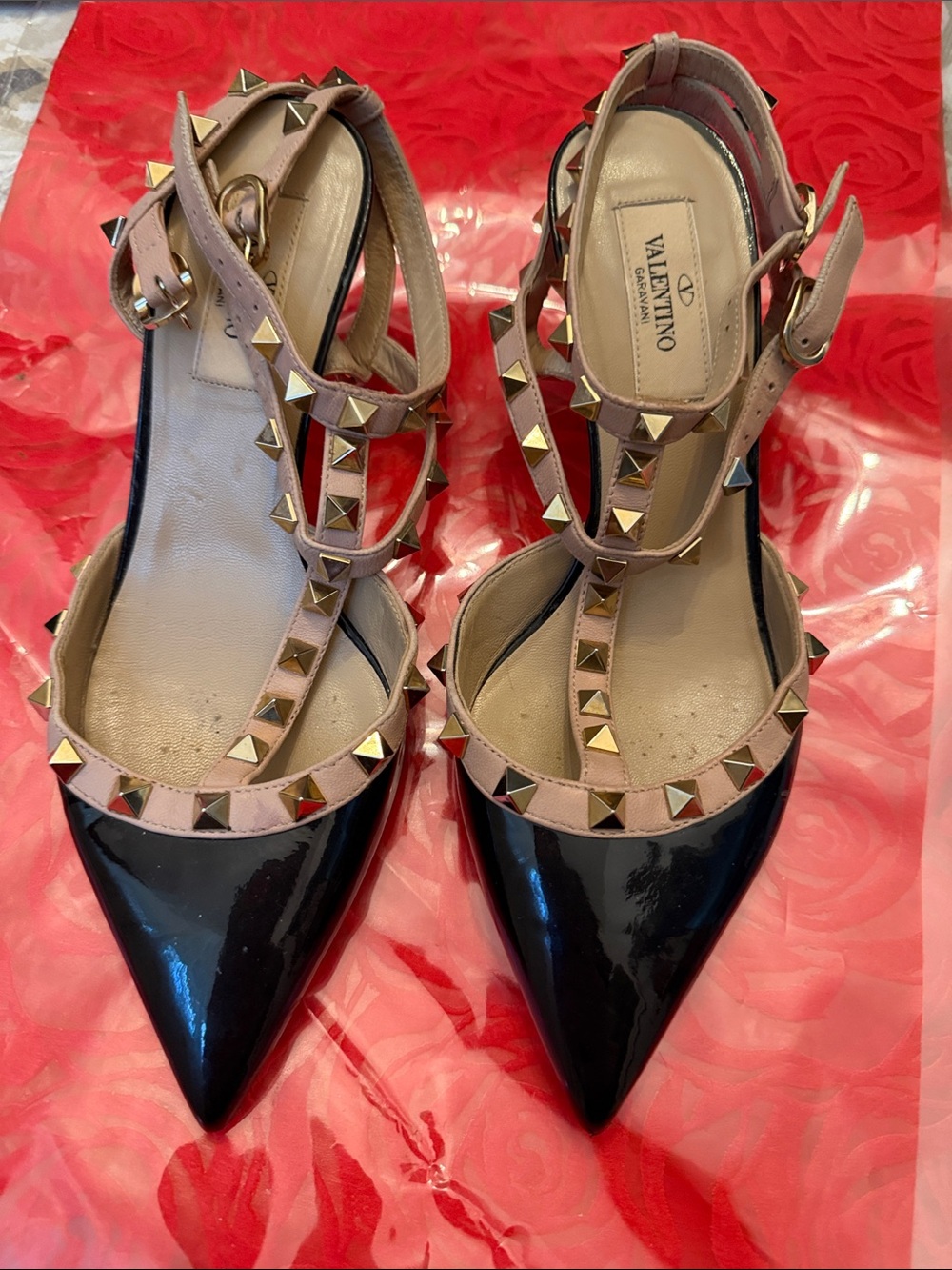 Valentino Rockstud Black Patent & Nude Leather T-Strap Flats